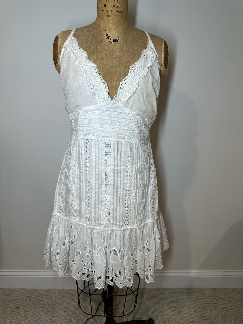 White Eyelet Lace Midi Dress with V-Neck and Adjustable Straps